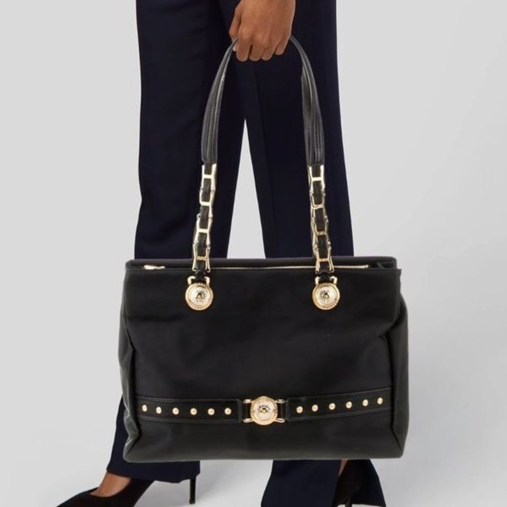 Versace Black‎ Nylon Shoulder Bag Gold Chain Studded Handbag Tote Designer Purse